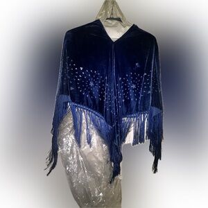 Symphony Designs Tinsel Fringe Velvet Blue w sheer designs Pullover Shawl